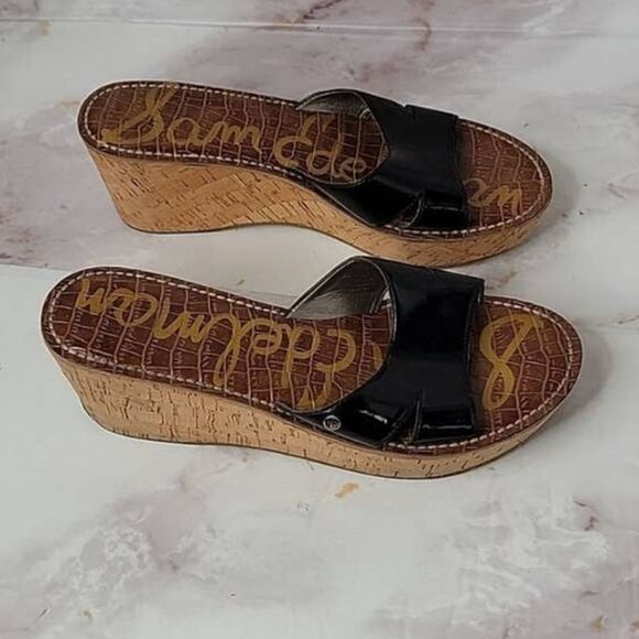 𝅺Sam Edelman Reid Black Strap Cork Wedge Sandals - Picture 11 of 13